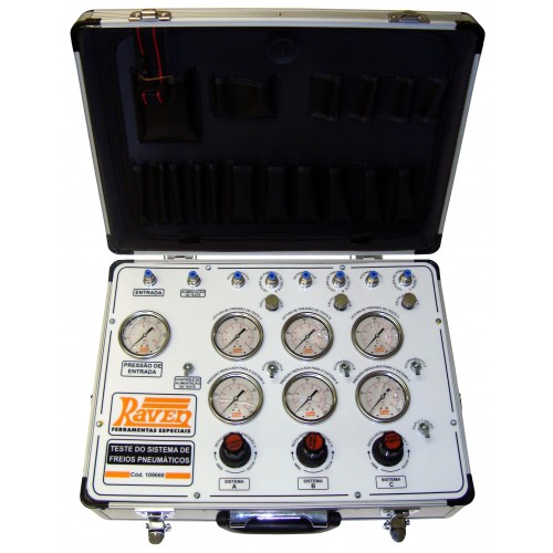 Equipamento para testes de pressão e ajustes das válvulas do sistema de freios a ar.